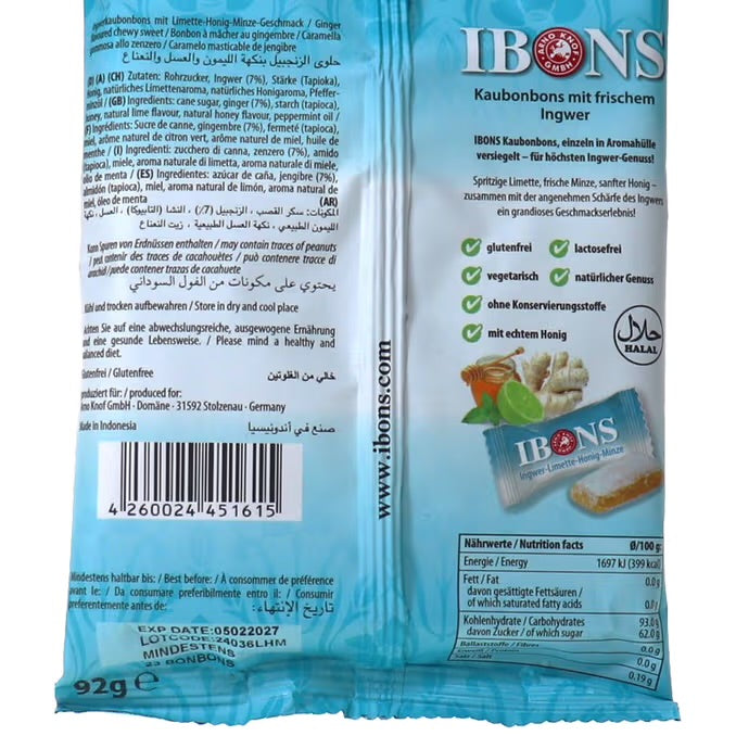 Ibons Ingwer-Limette-Honig-Minze Kaubonbons 92g 🇮🇩