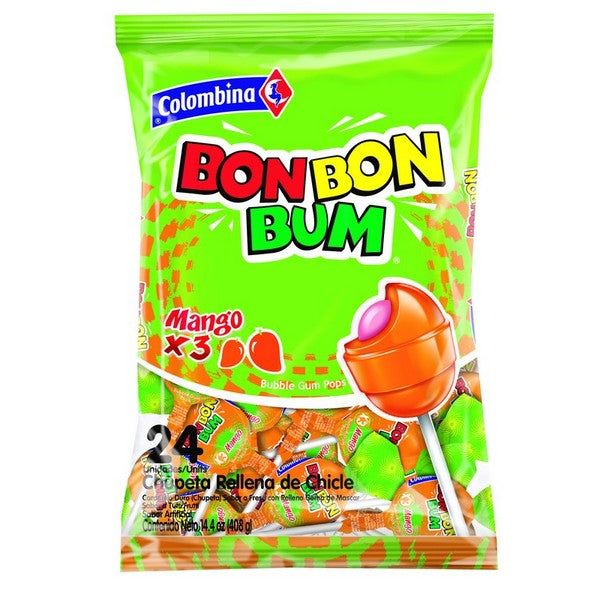 COLOMBINA Bon Bon Bum mit Kaugummi Mango- Lutscher, gemischt 408g