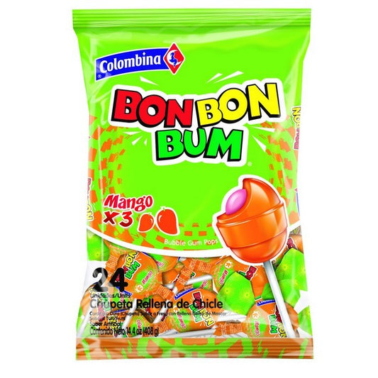 COLOMBINA Bon Bon Bum mit Kaugummi Mango- Lutscher, gemischt 408g