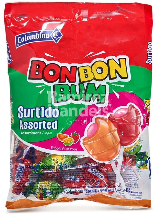 COLOMBINA Bon Bon Bum mit Kaugummi- Lutscher, gemischt - Paletas Surtidas Rellenas de Chicle, 408g