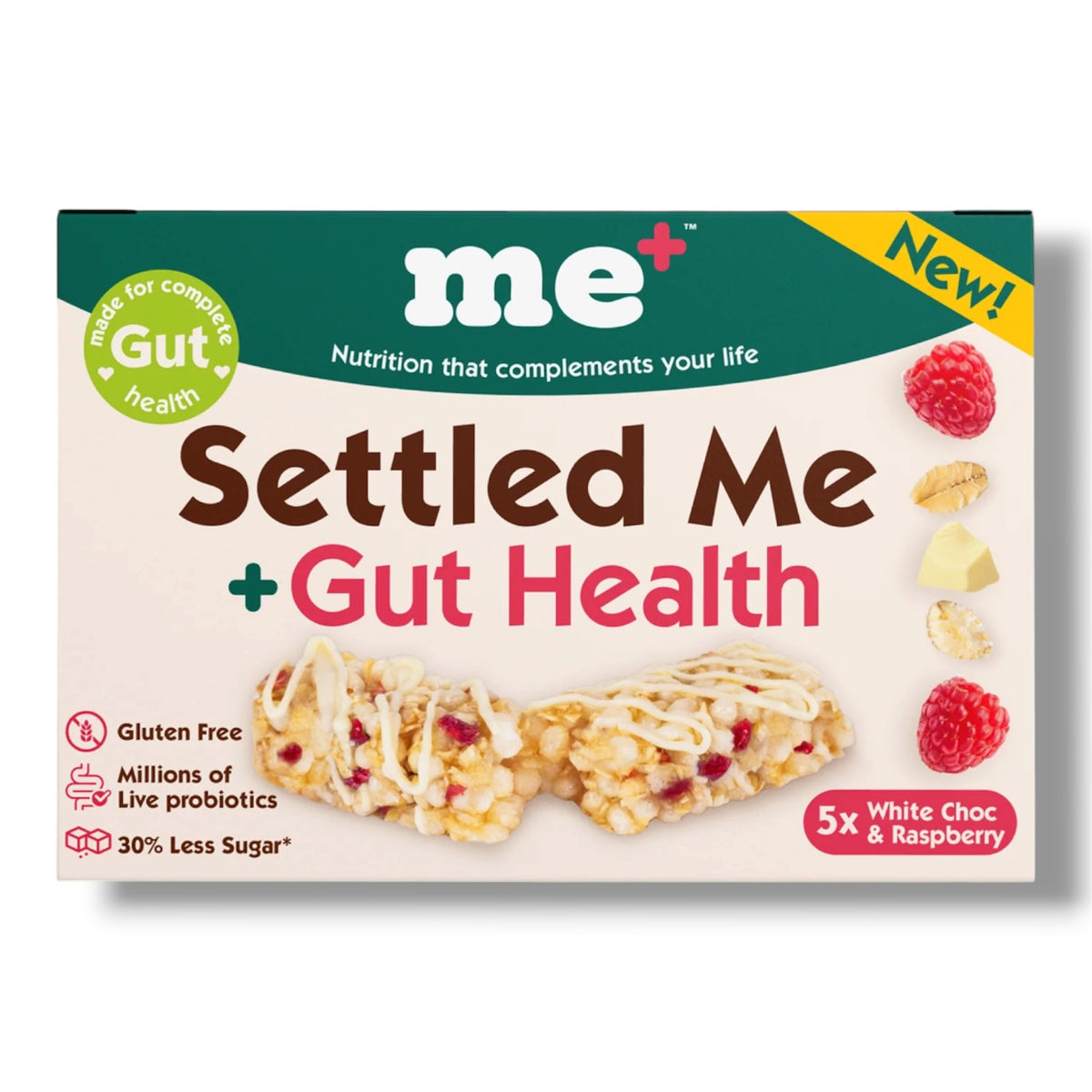Me+ Settled Me + Gut Health Müsliriegel White Choc & Raspberry 95g